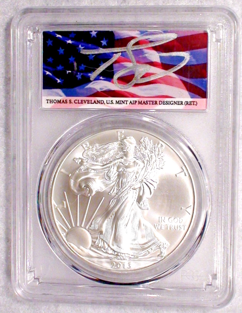 POP 10 2013 PCGS MS70 THOMAS CLEVELAND SIGNED SILVER EAGLE AUTOGRAPHED $1 COIN
