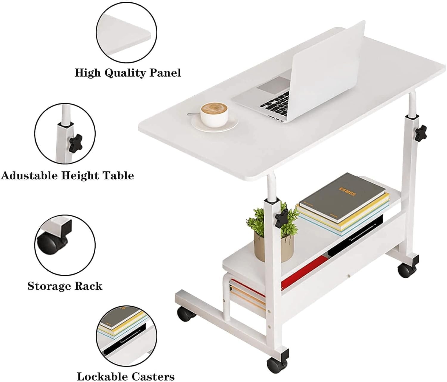 Adjustable Height Mobile Computer Desk Small Space Rolling Writing W/ Wheels