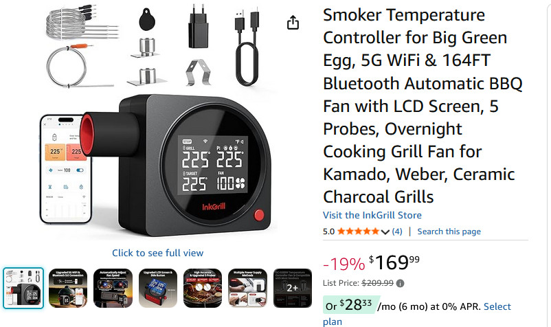 Smoker Temperature Controller 5G WiFi 164FT Bluetooth Automatic Fans, 5 Probes