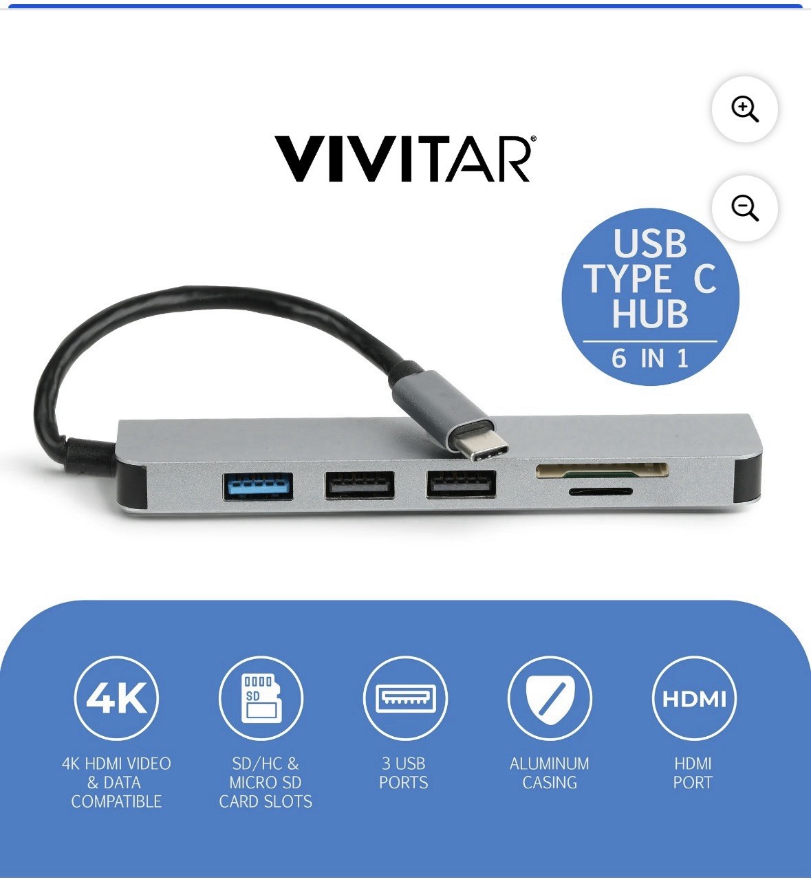 Vivitar Type C 6 In 1 USB Aluminum Hub SD/Micro SD Card Reader 4K 3 USB Ports