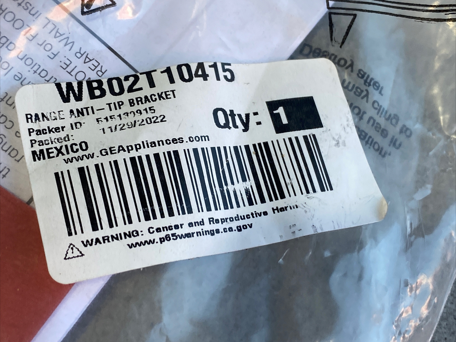 GE WB02T10415 Range Anti-Tip Bracket Genuine New