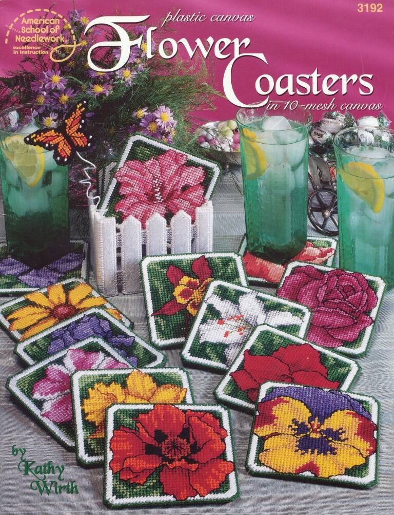 ASN PLASTIC CANVAS FLOWER COASTERS 14 DESIGNS VTG 1999