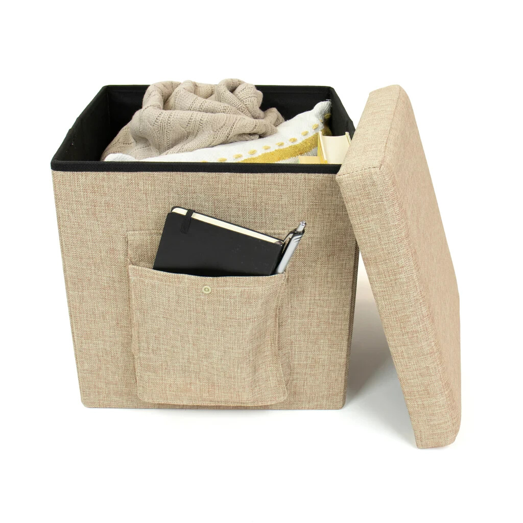 Humble Crew Folding Storage Ottoman Cube with Exterior Multi 15" Cube, Khaki