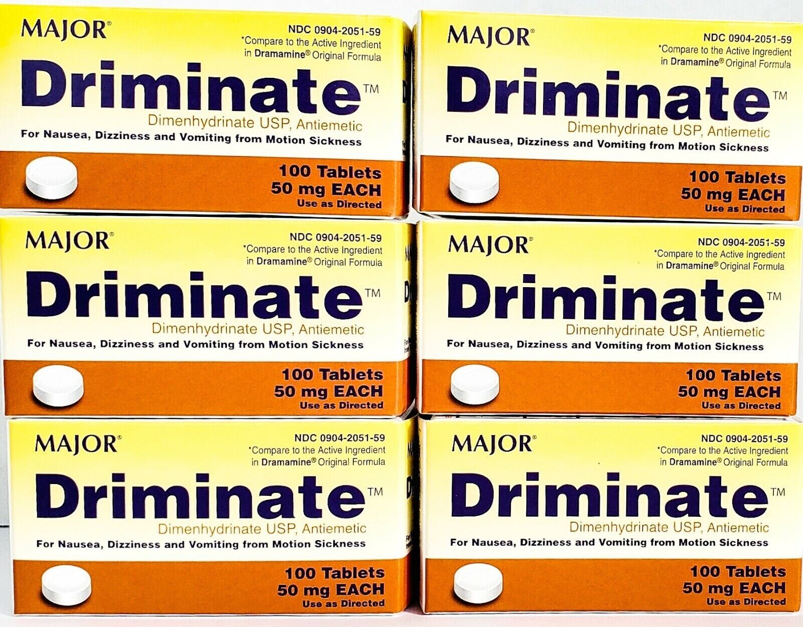 Major Driminate or Motion Sickness (Compare to Dramamine) 100ct Each - (6 Pack)
