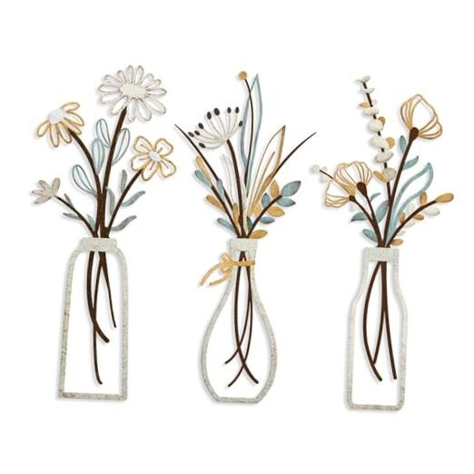 3 Pieces Metal Flowers Wall Art- Rustic Farmhouse Decor Minimalist Beige Gold