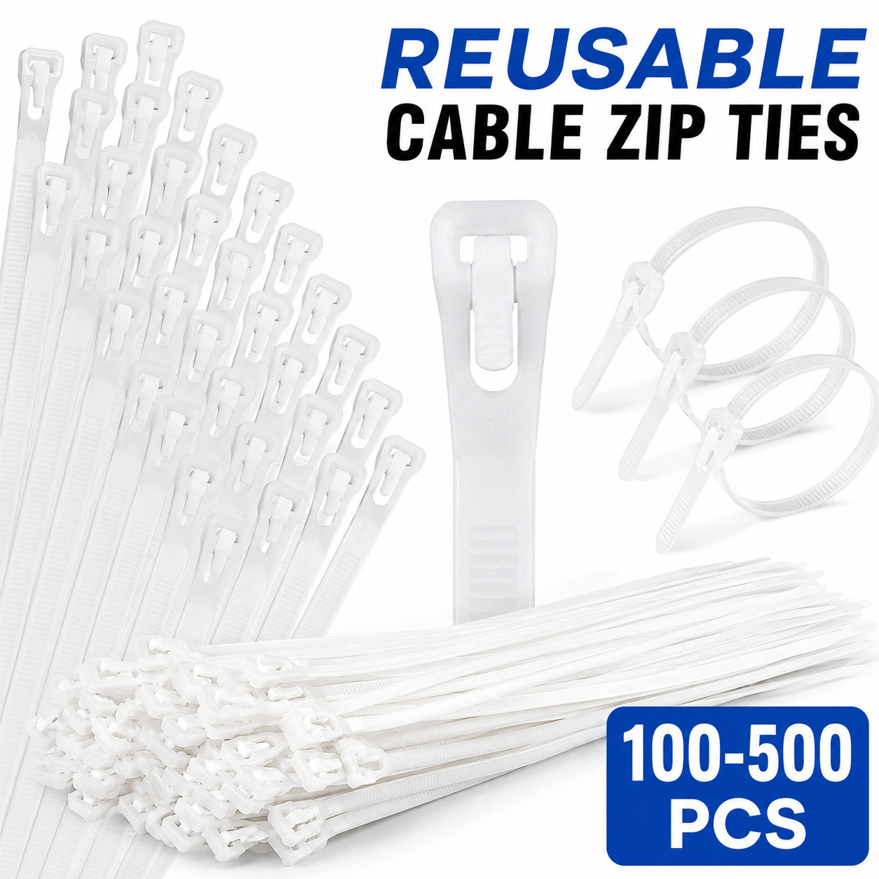 100-500PCS White Reusable Releasable Cable Zip Ties Nylon Wire Ties