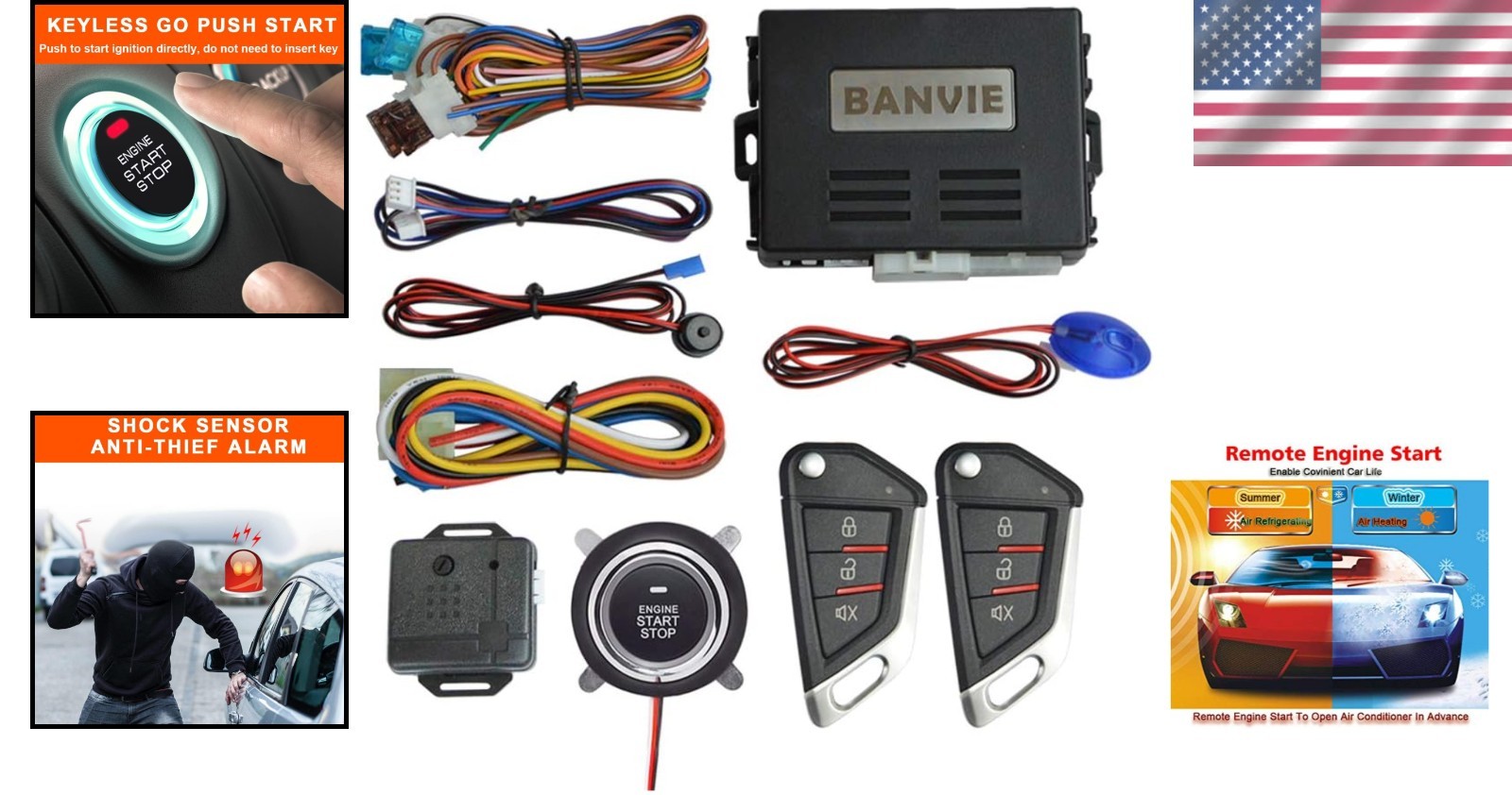 Push to Start Car Security Kit with Remote Entry & Trunk Release Feature