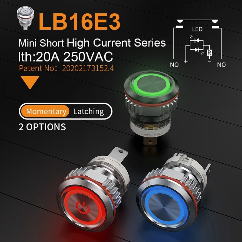 16mm High Current 16A High-Power Metal Push Button Switch 12V 24V 220V LED Light