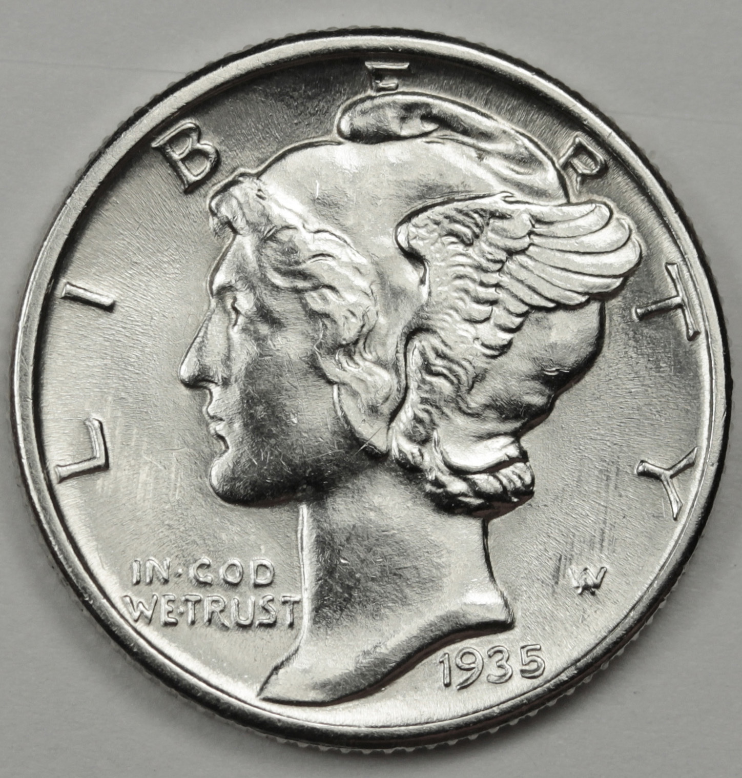 1935-p Mercury Dime. 100% Full Separated Horizontal Bands. BU.  (Inventory E)