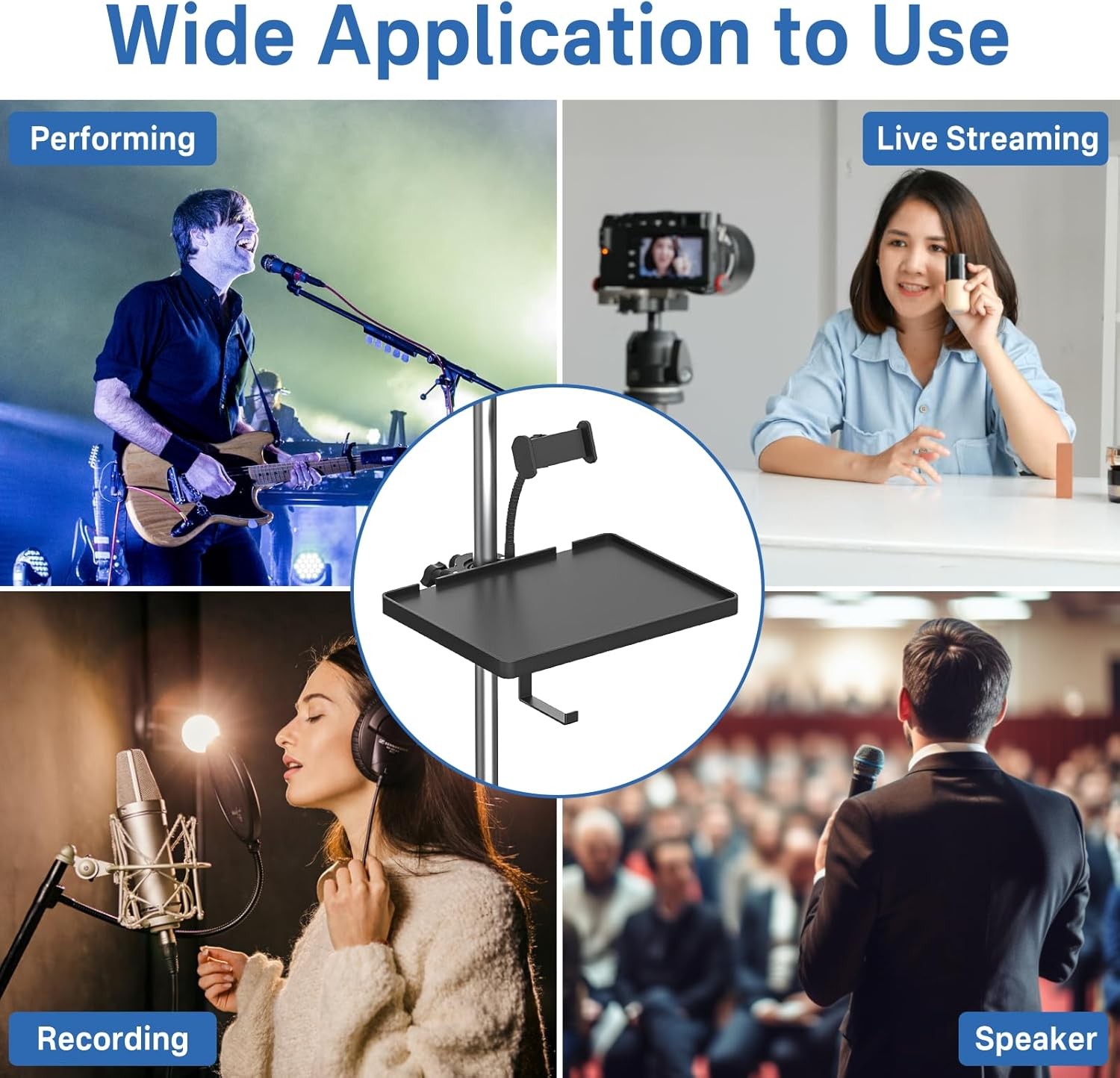 Functional Microphone Stand Tray with Adjustable Plastic Small Tray, Black