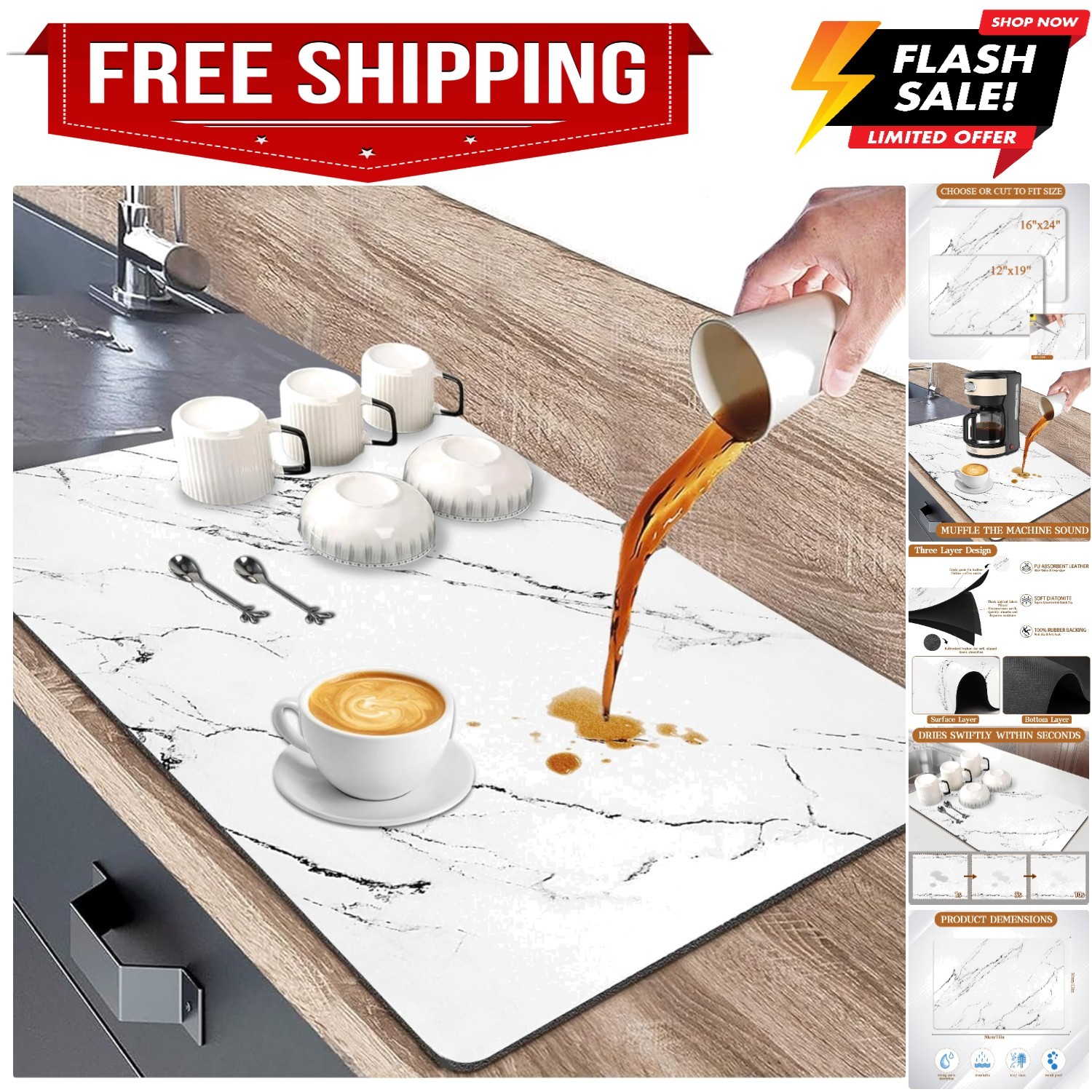for Kitchen Counter, 12"x19" Heat Resistant Drainer Mats with Non-slip Rubber...