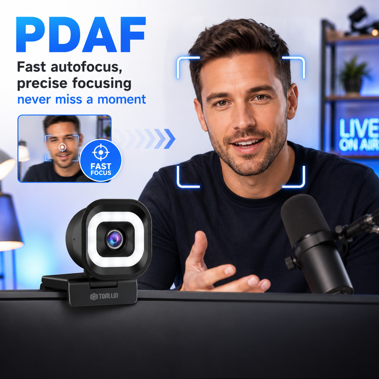 TOALLIN 4K UHD PDAF Webcam 5-level adjust Ring Light,Plug & Play,USB Connection