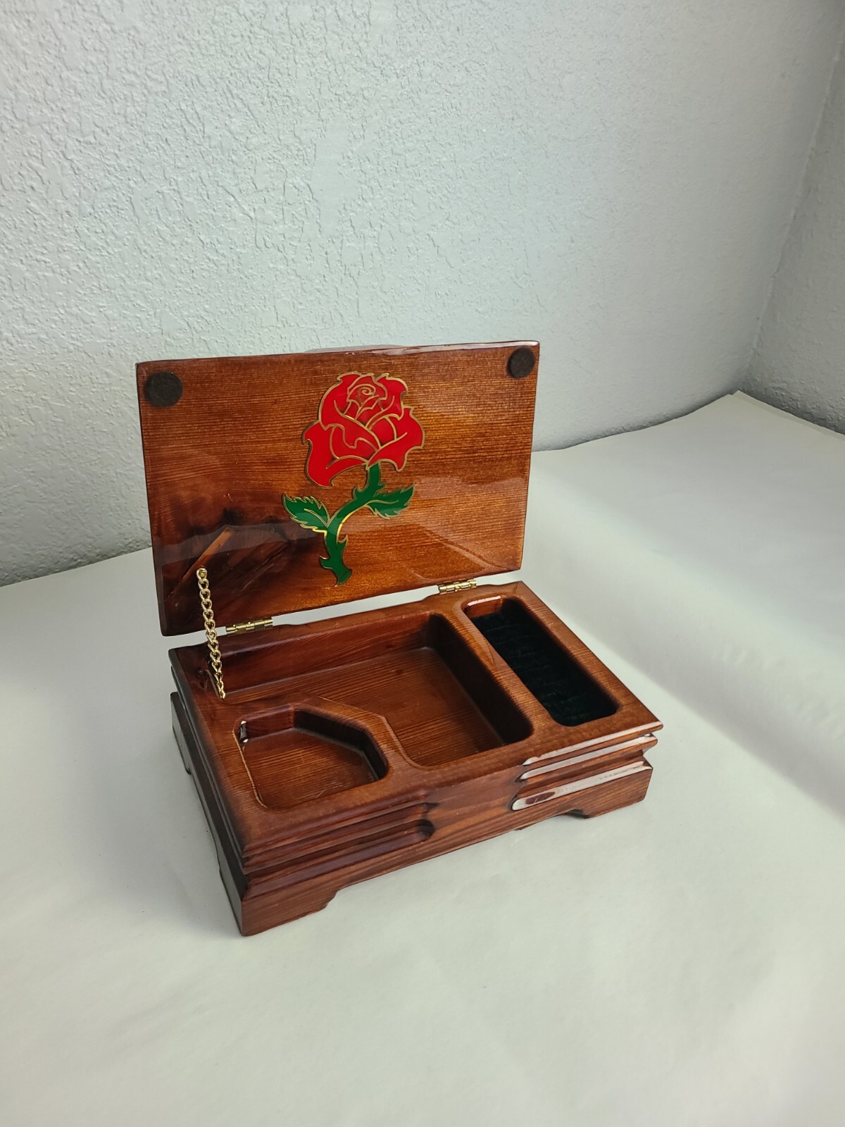 Wood Carved ROSE Flower Solid Wood Jewelry Rings Trinket Box