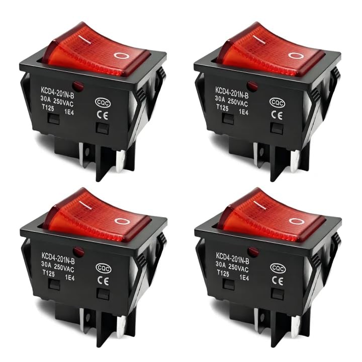 30A 250V AC DPST 4 Pin Boat Toggle Switch, 4Pack Red Lighted