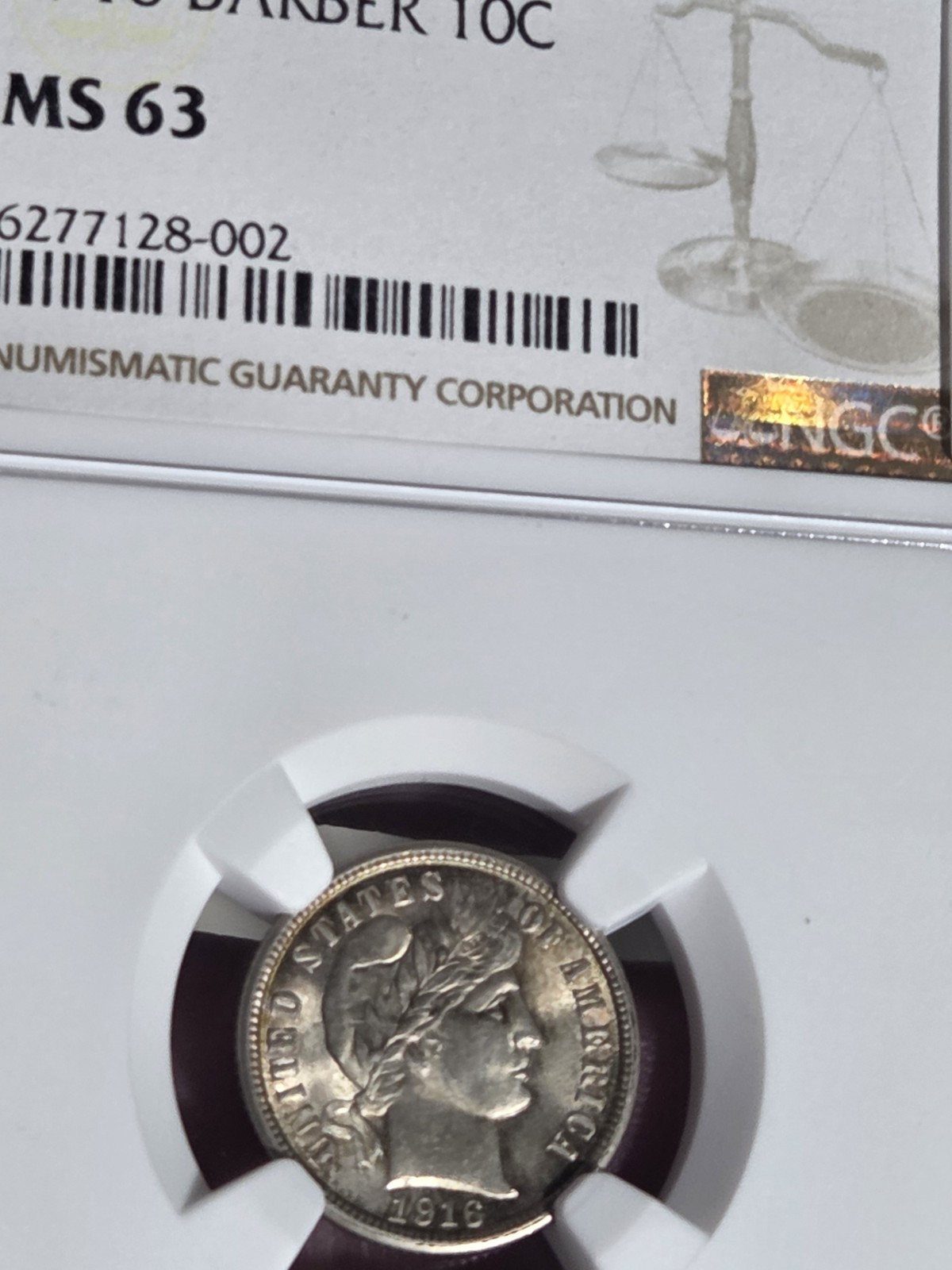 1916 Barber Dime 10c NGC M63 Toned
