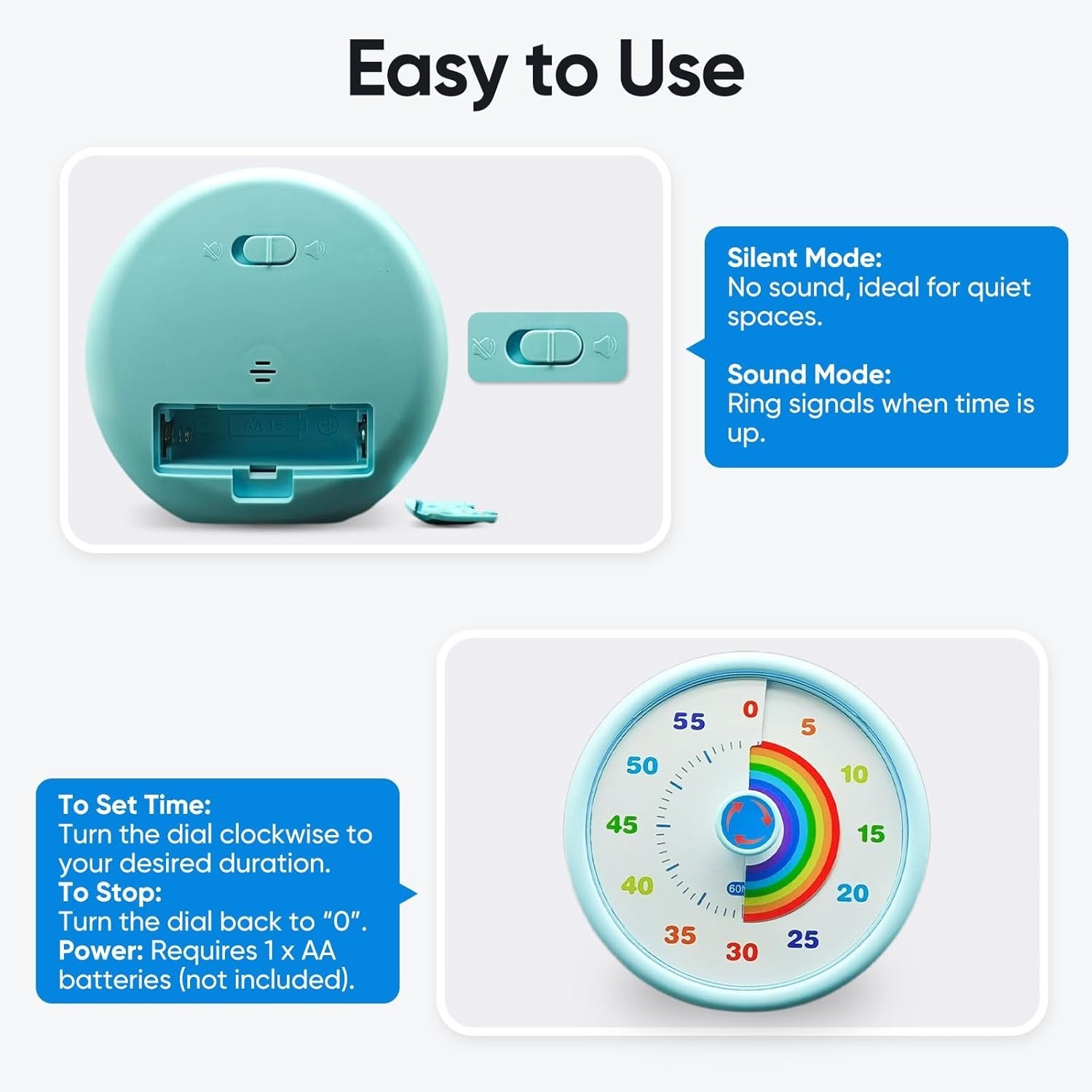 Rainbow Visual Timer for Kids, 60 Minute Silent Countdown Clock with Color Disk