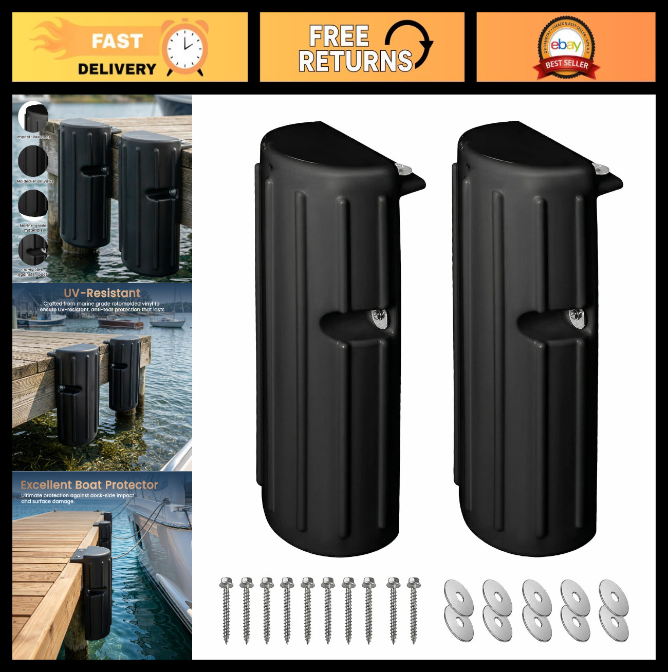 Boat Dock Bumpers - Marine-Grade PVC Fender Guards, UV-Resistant, Durable, Inclu