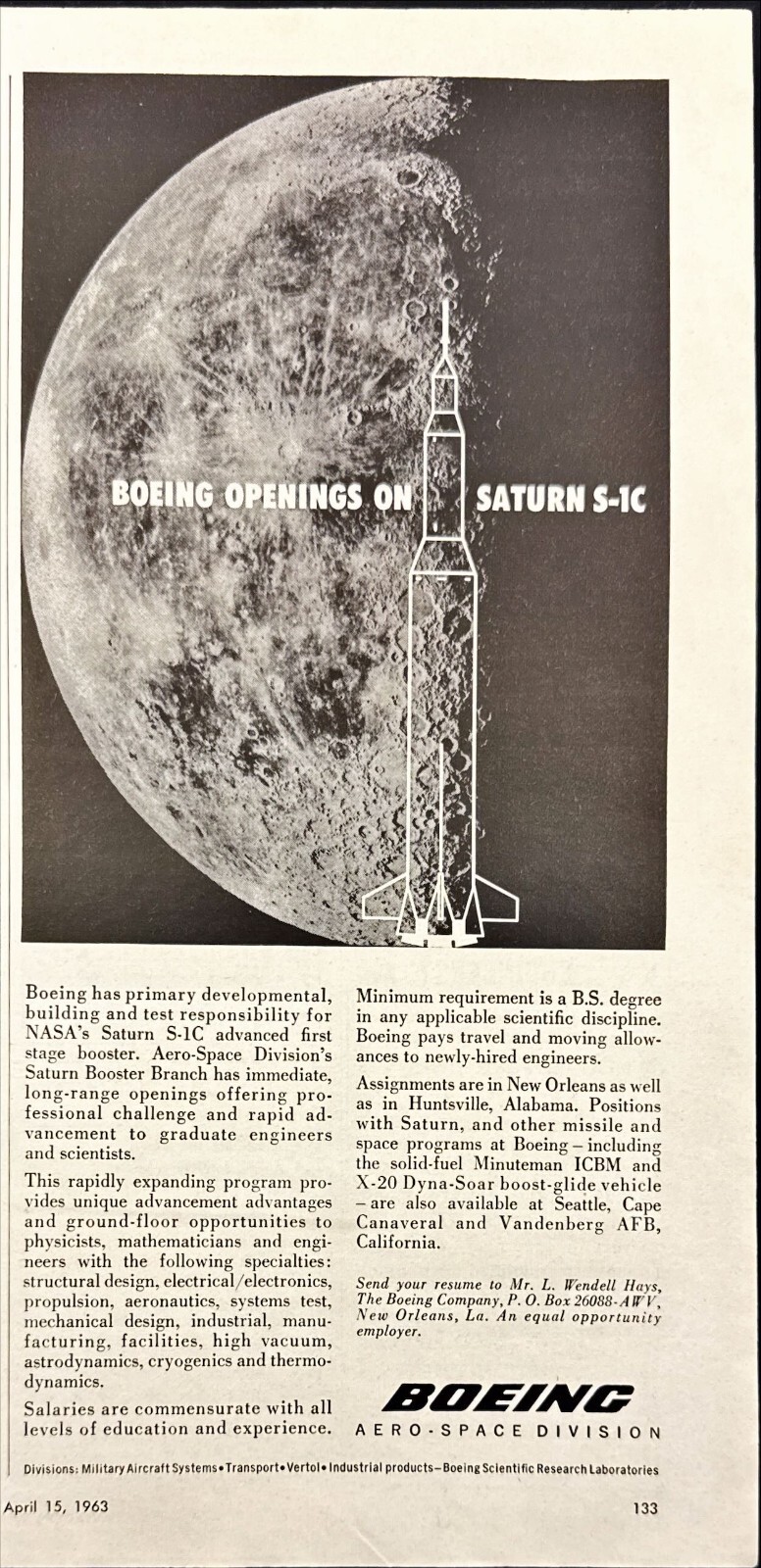 Boeing NASA Saturn S-1C Huntsville New Orleans  Print Ad 1963