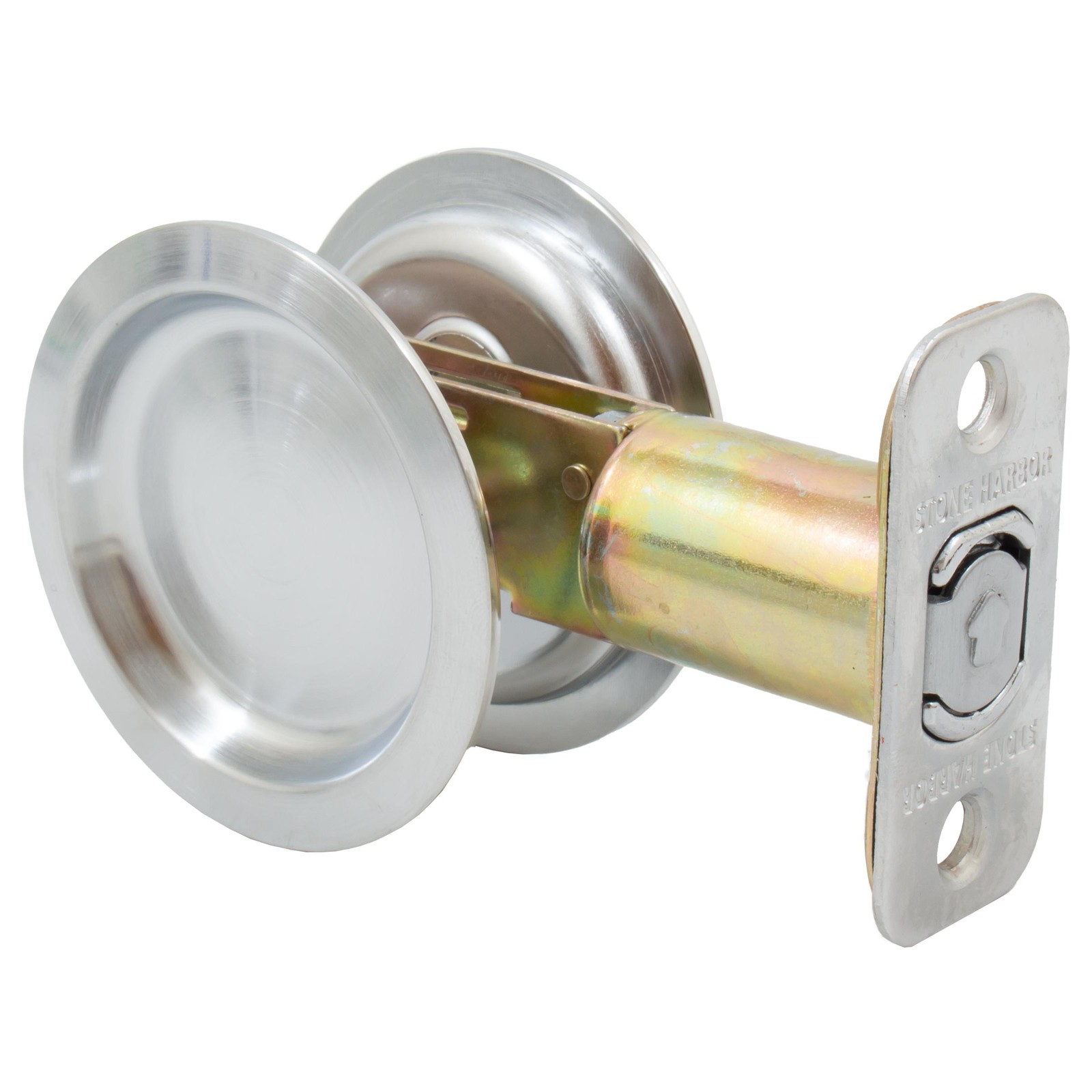 Round Pocket Door Lock, Passage (Hall/Closet) Latch, 2-3/4" Backset, RCL, Satin
