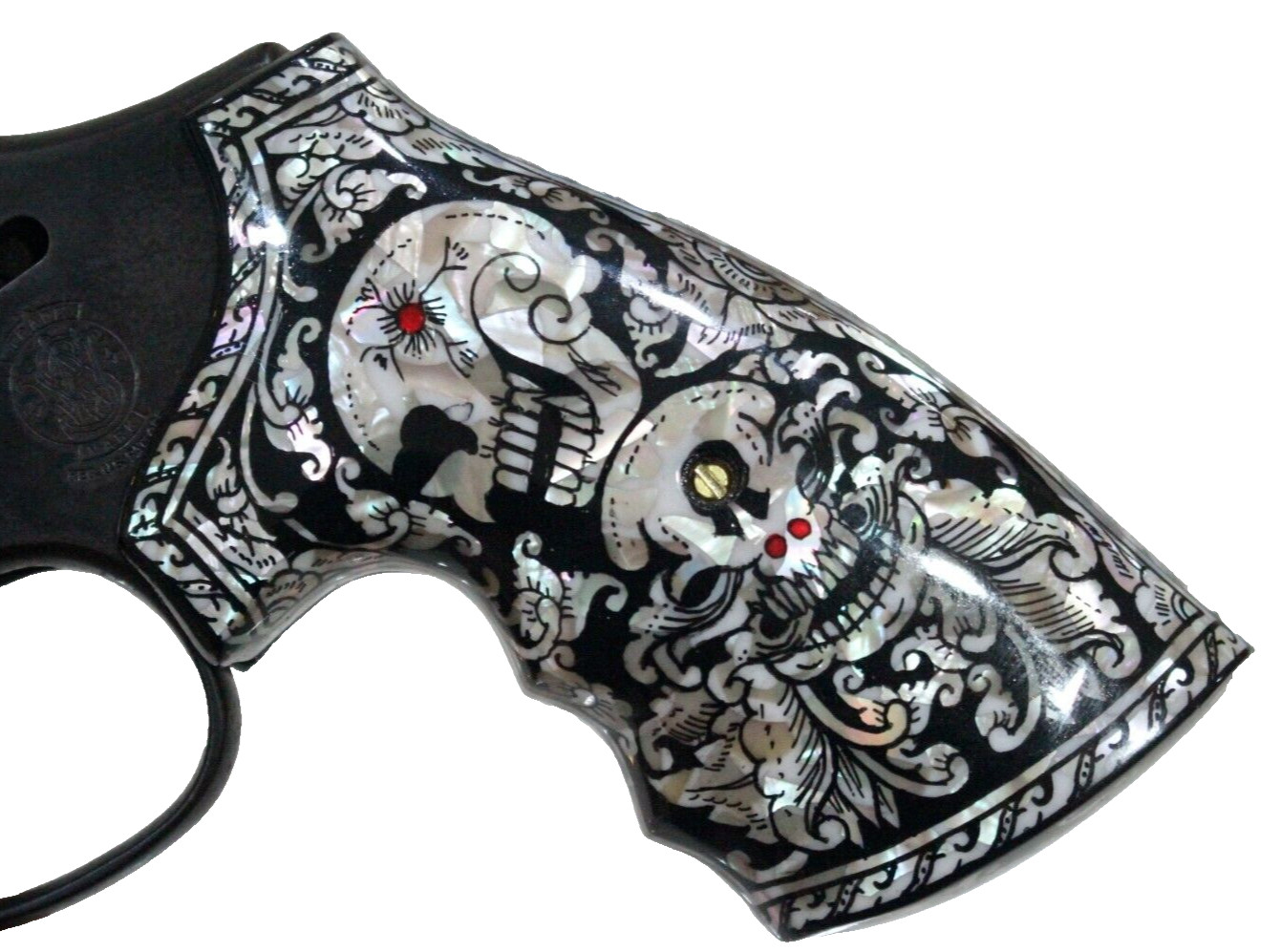 MOTHER OF PEARL GRIPS FOR S&W K, L FRAME SQ/RD BUTT  BLACK SKULL ART VITOONMAKER