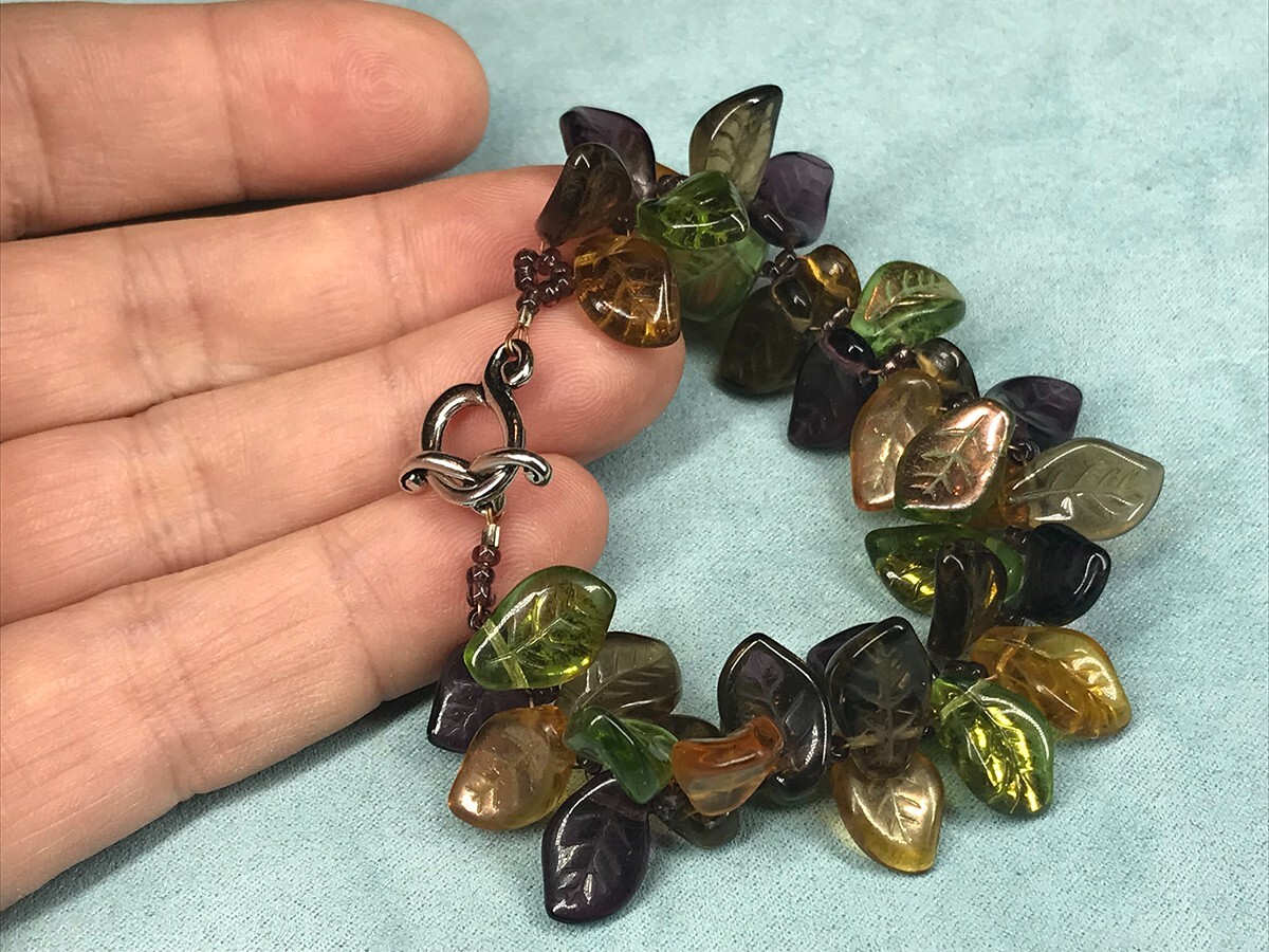 Artisan Fall Iridescent Glass Leaves Purple Amber Green Toggle Clasp Bracelet