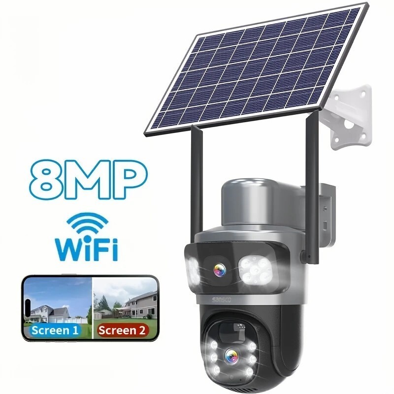 Sansco 4MP Solar Wireless Security Camera WiFi 355° PTZ Dual Lens 2-Way Audio
