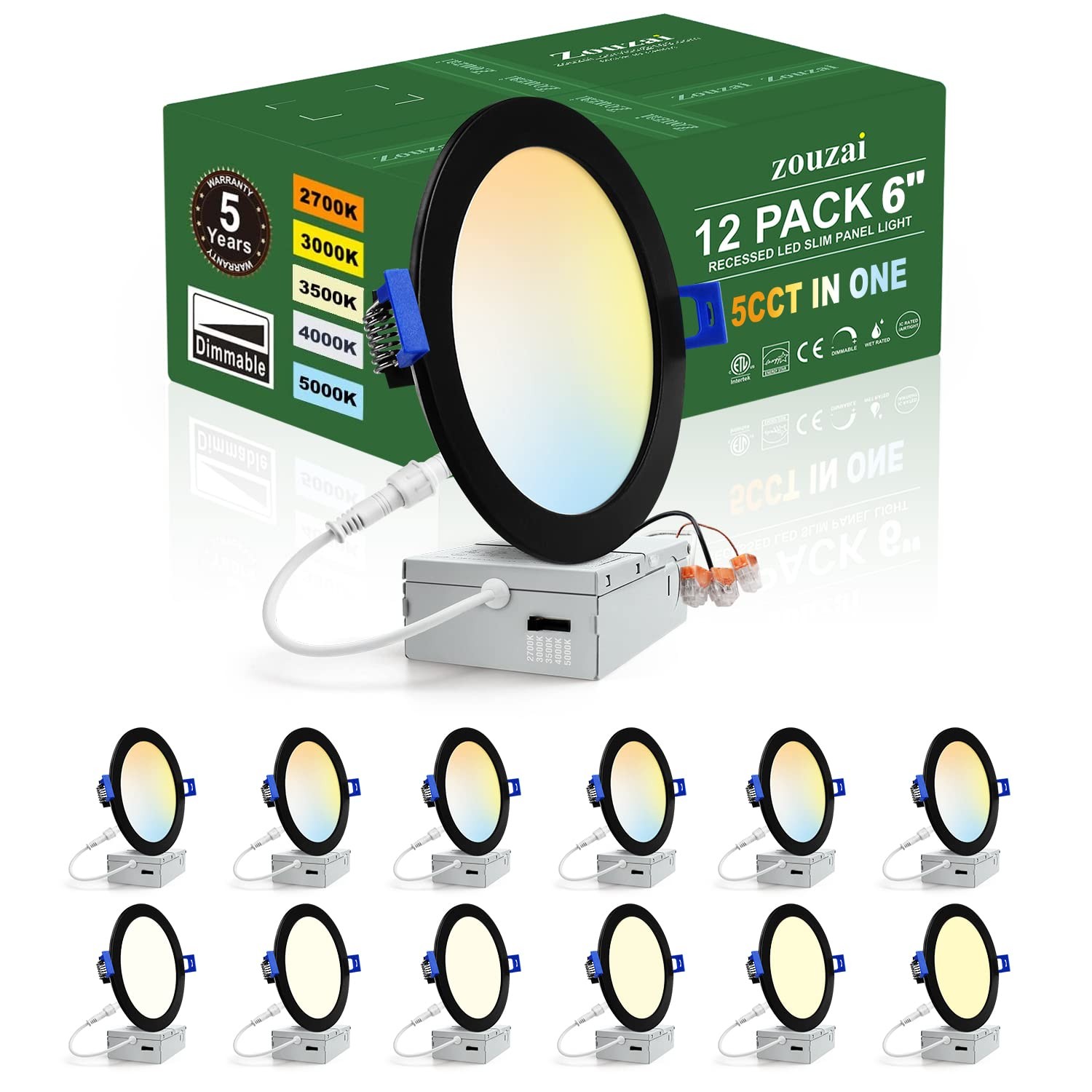 zouzai 12 Pack 6 Inch Black 5CCT Reset LED Recessed 6 Inch, 5CCT-Black