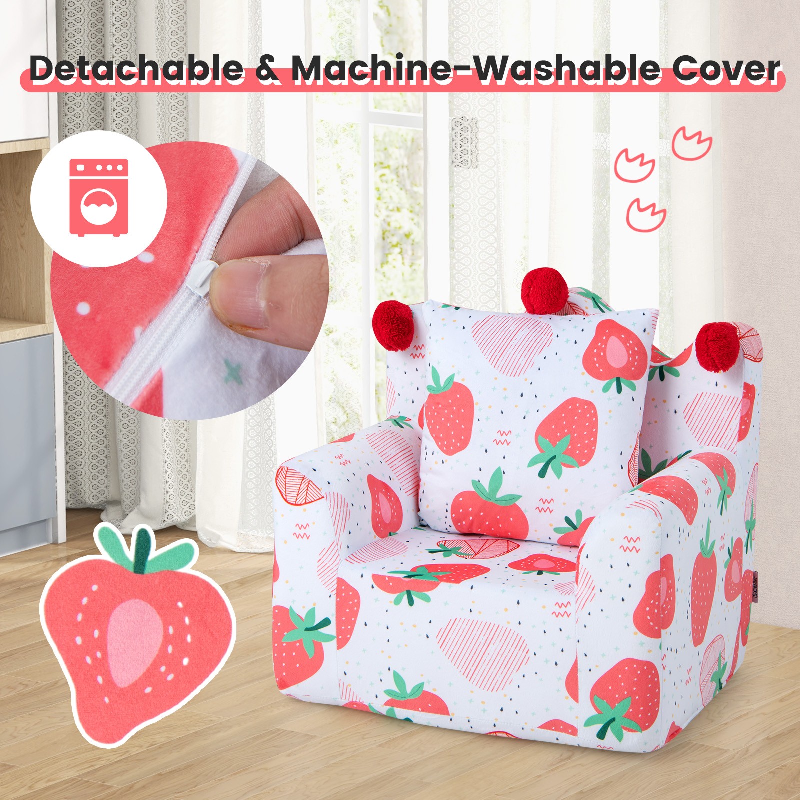 Kids Sofa Chair Foam Filled Armchair Strawberry Toddler Couch w/ Cover & Pillow