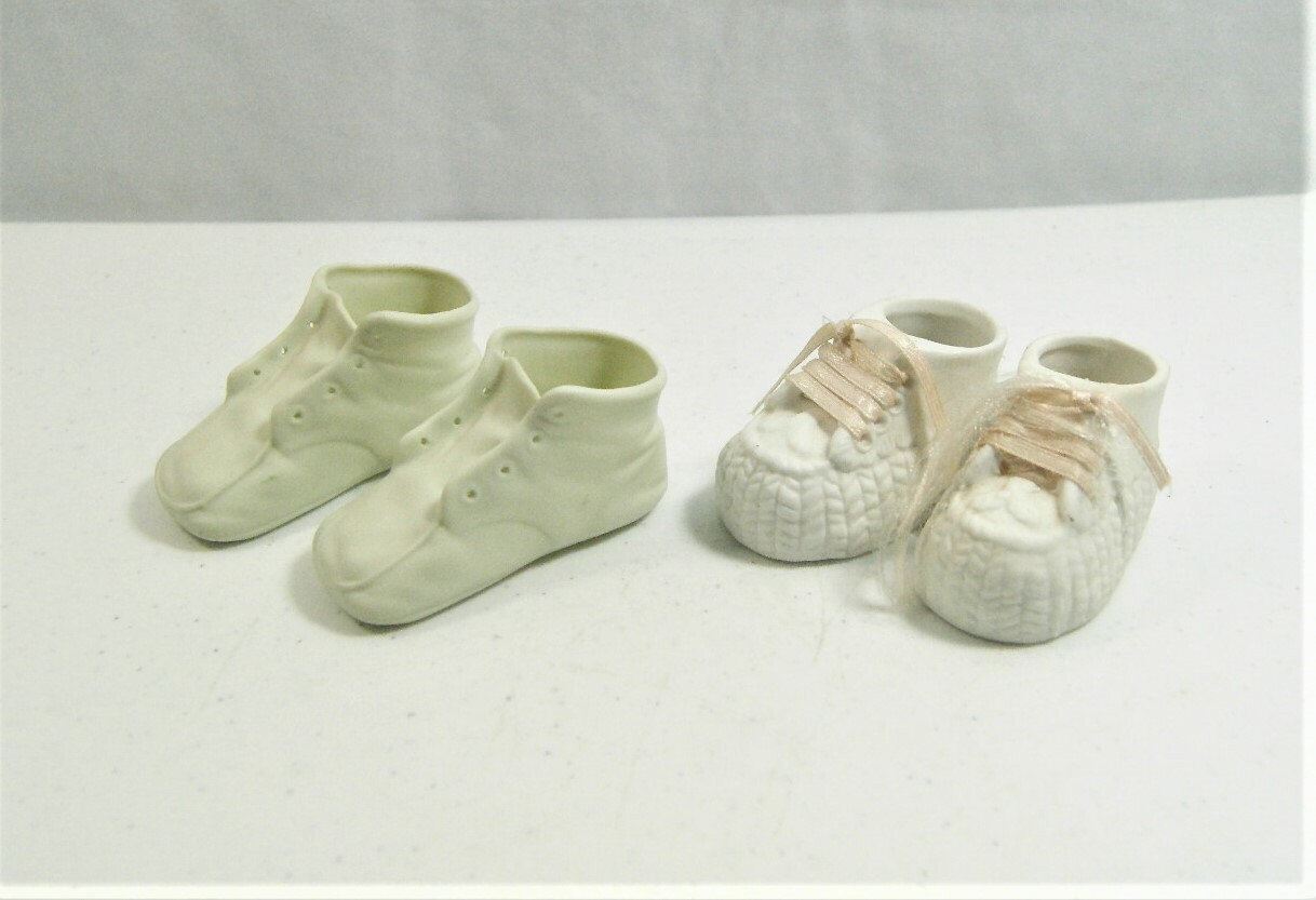 Set of 2 Vintage Ceramic Porcelain White Baby Booties Shoes Planter Collectibles