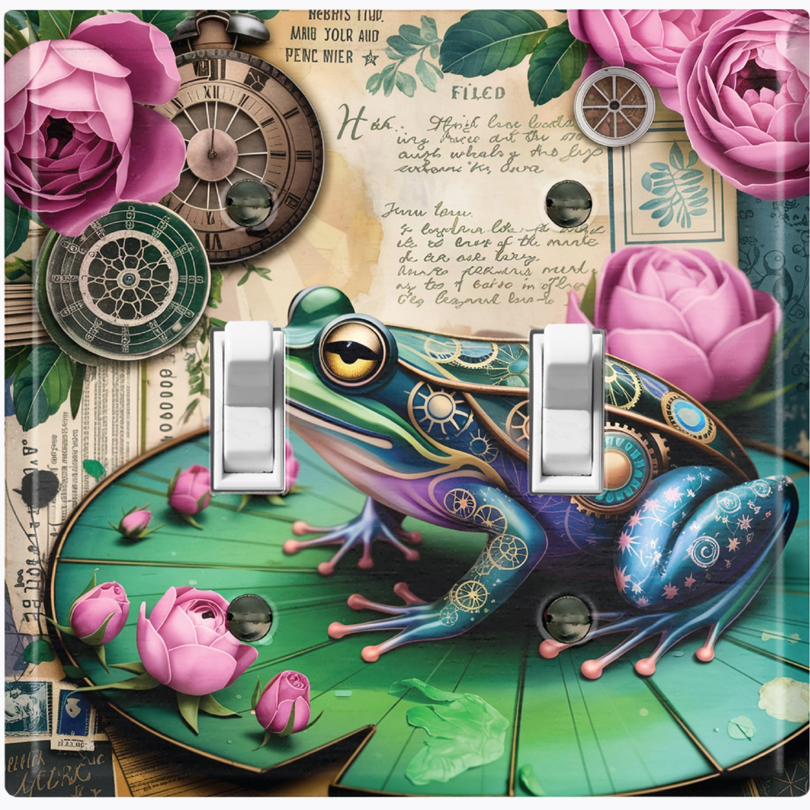Metal Light Switch Outlet Cover Wall Plate Colorful Steampunk Frog Flower AML249