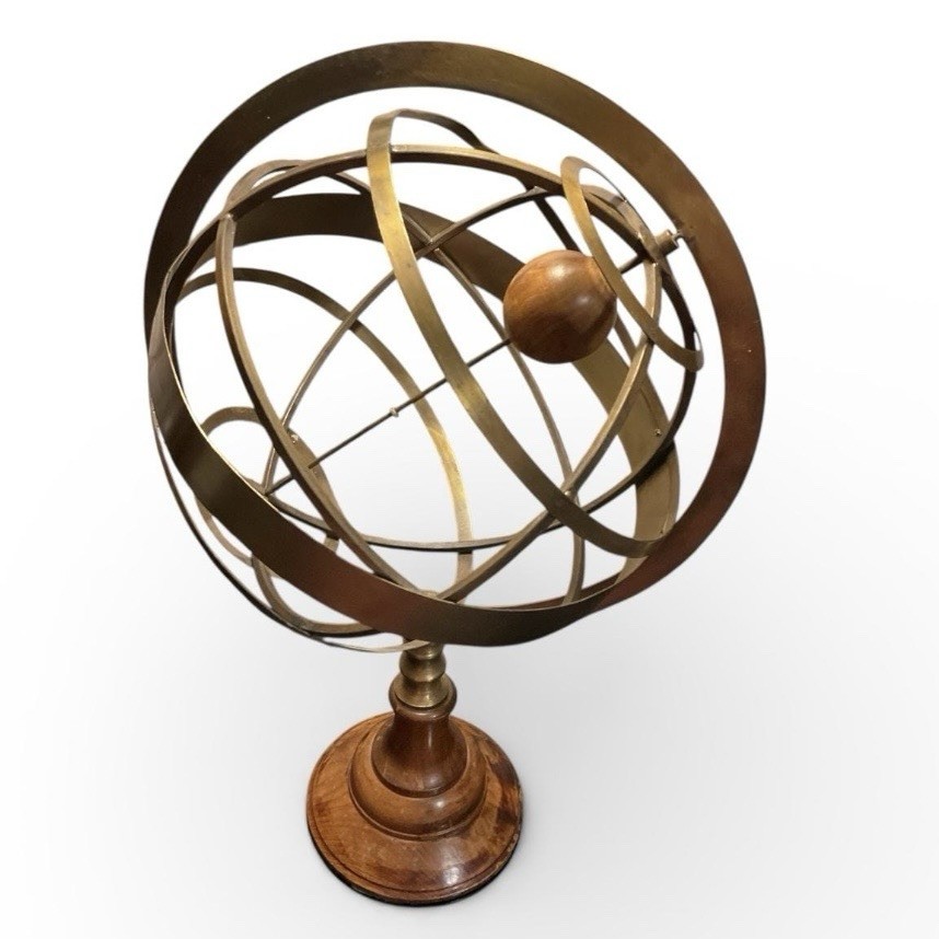 Large VTG Brass Wood Armillary Sphere Globe 20” Celestial Sculpture Library