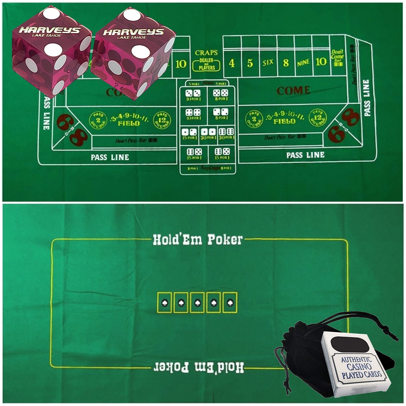 Harvey's Tahoe Casino Dice Purple + Vegas Strip Cards + Craps Poker Layout