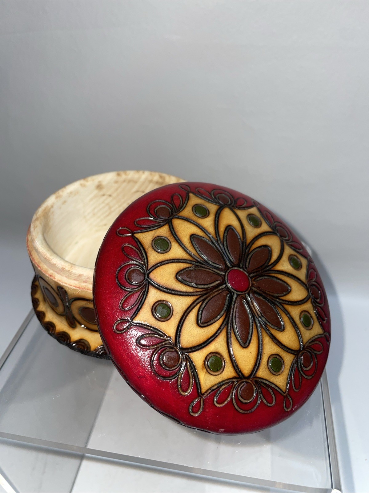 Wood Carved Round Trinket Box