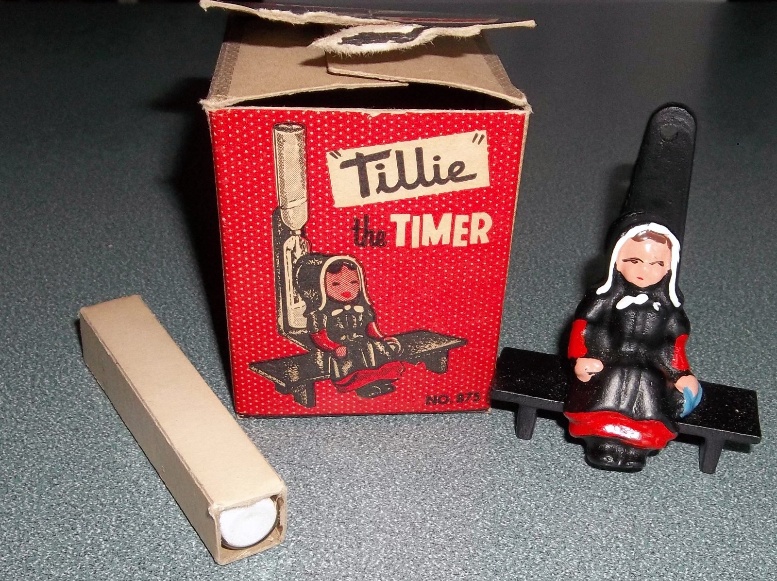 Vtg in Box Tillie The Timer Cast Iron Amish Girl Kitchen Sand Hourglass Timer