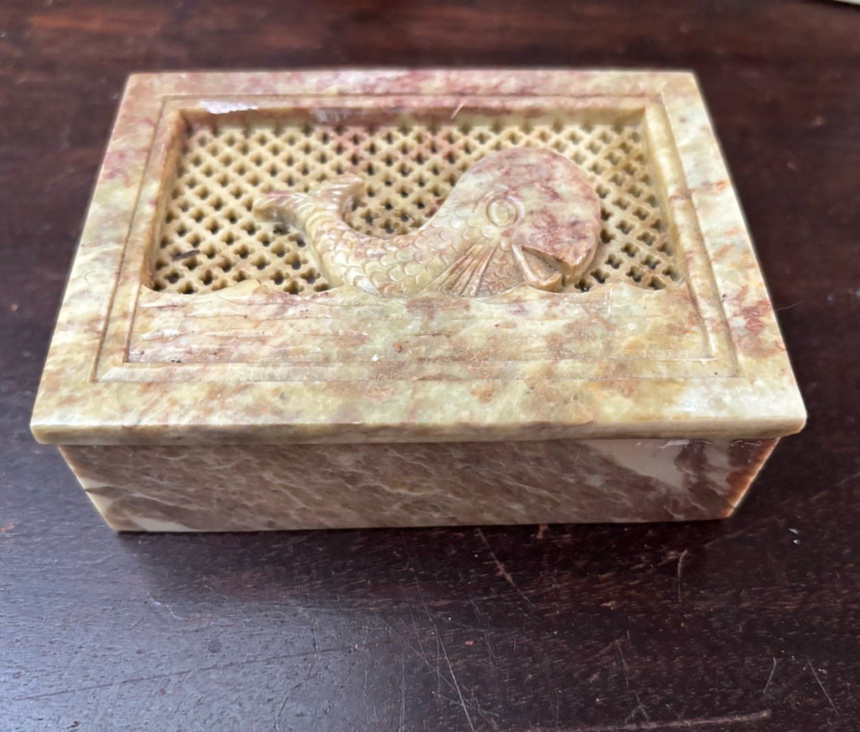 Stone Carved Whimsical Whale Rectangular Trinket Box