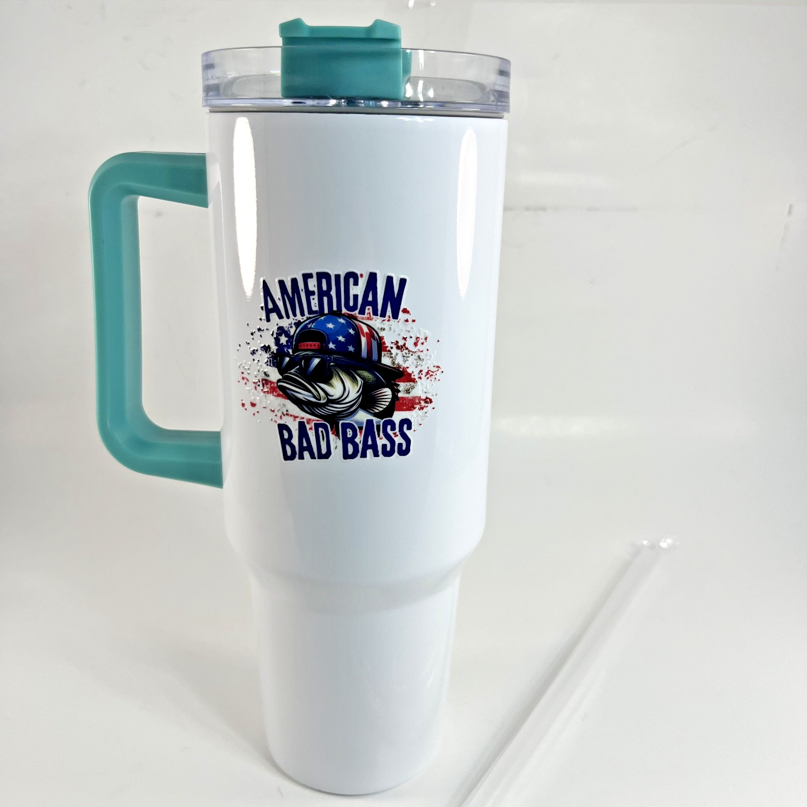 Stainless Steel Travel Tumbler 30oz White Teal Handle Bass Fishing Cup