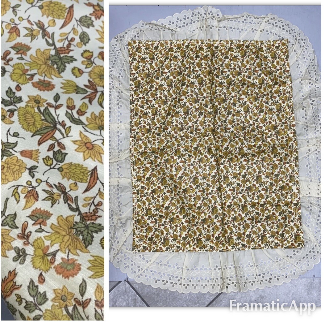 Vtg Pillow Sham Set Standard Floral Ivory Yellow Gold Ruffle Lace Eyelet 27x36