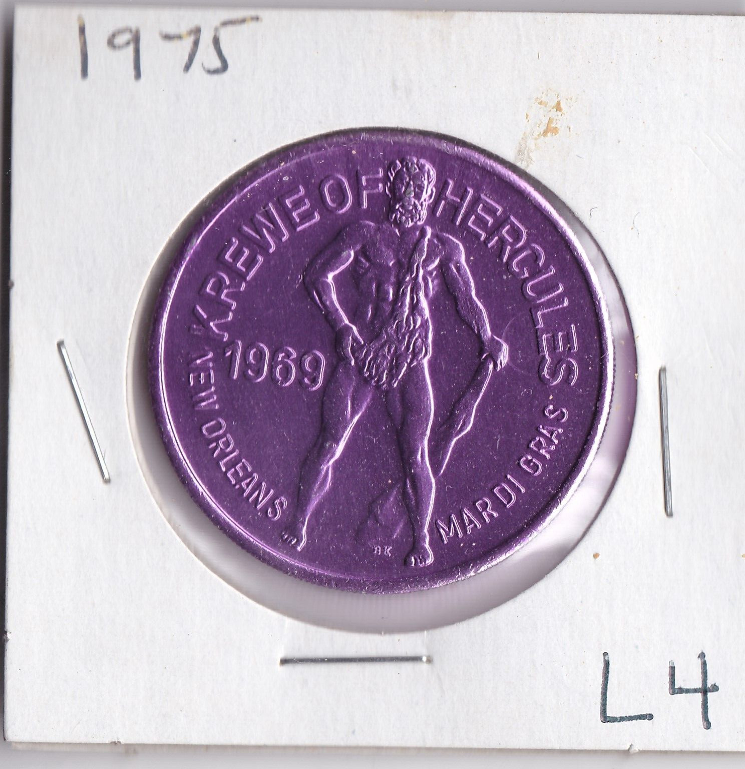 1975 KREWE OF HERCULES New Orleans Mardi Gras Aluminum DOUBLOON (Purple L4)