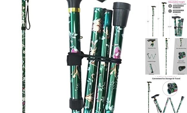 Folding Cane, 5-Level Adjustable Height Lightweight Portable Floral Green