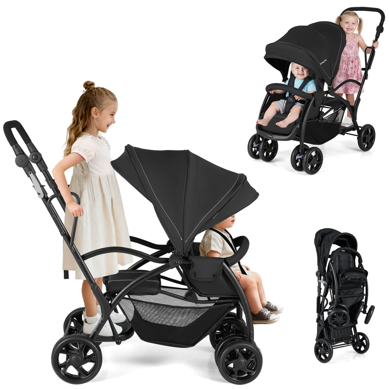 Sit & Stand Double Stroller w/Adjustable Handle Bar Backrests Footrest Canopies