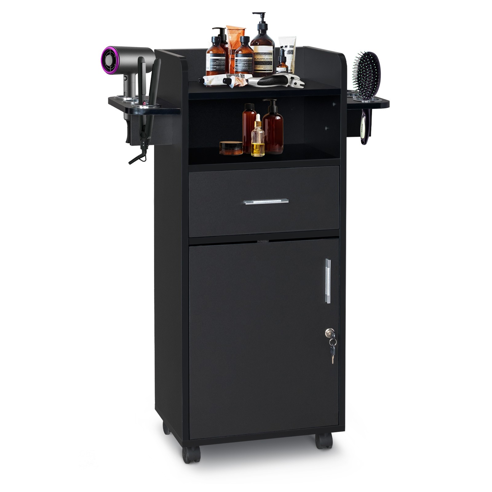 Beauty Salon Trolley Cart Salon Cabinet Station with Drawer & Hair Dryer Holder
