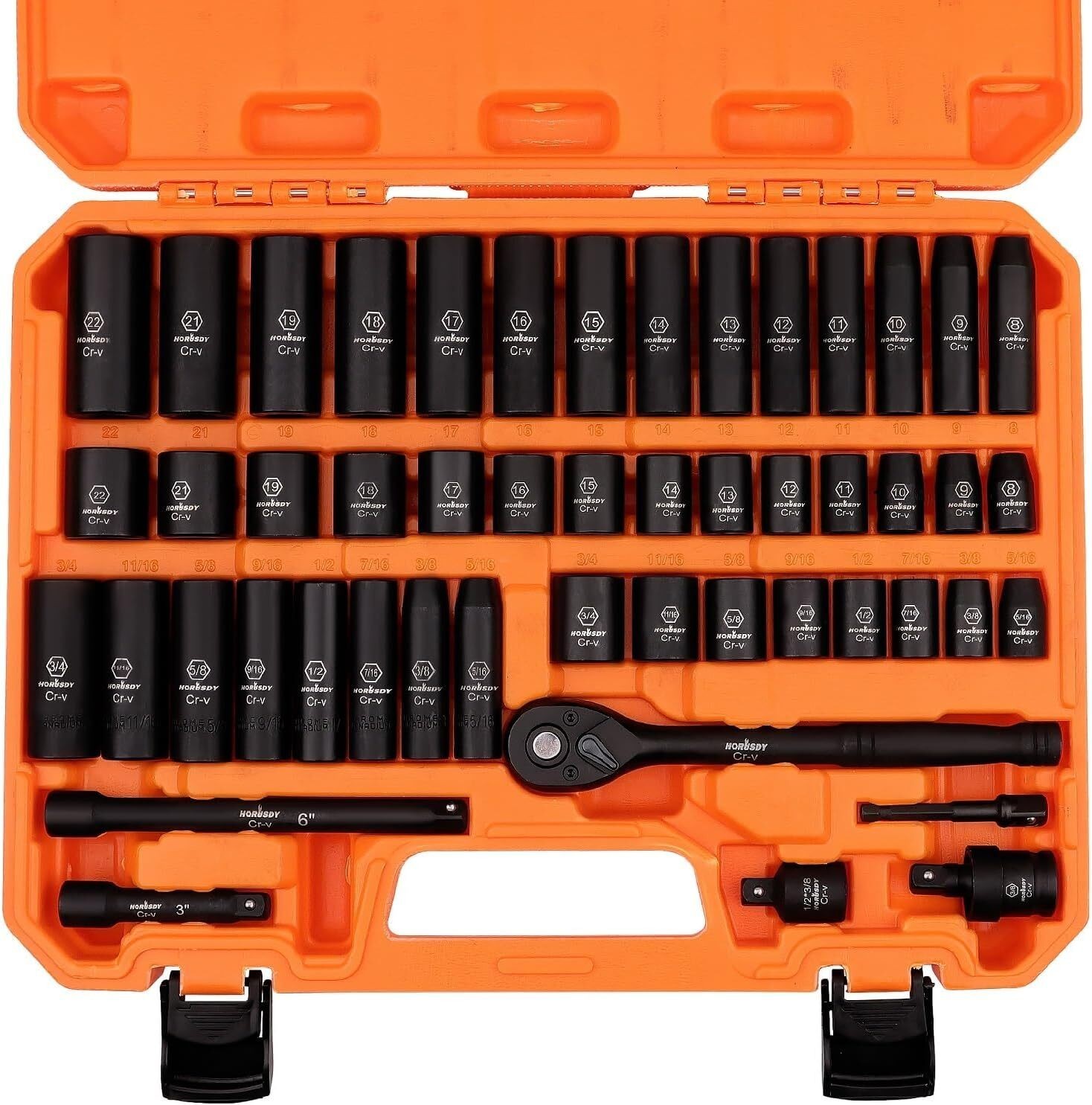 3/8" Drive Impact Socket Set 50-Piece Standard SAE and Metric Size 6 Point Cr-V