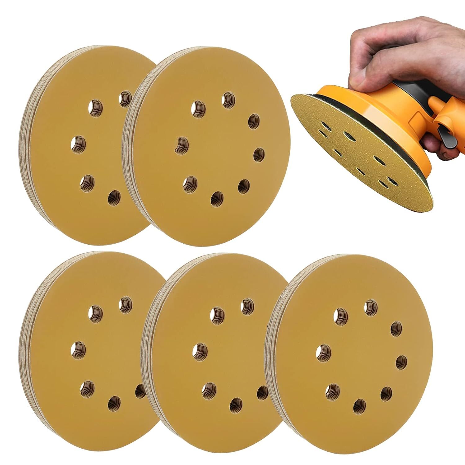 5in 600 Grit 8 Hole Gold Sanding Discs Hook & Loop Sandpaper 125MM for DA Sander