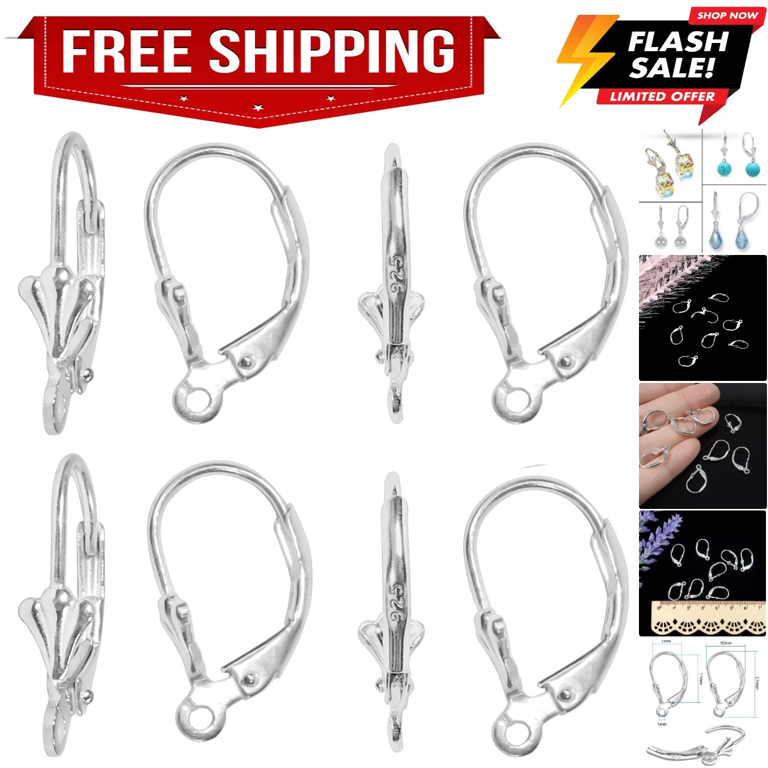 8pcs 925 Sterling Silver Leverback Earring Findings with Open Loop 10x17mm Fr...