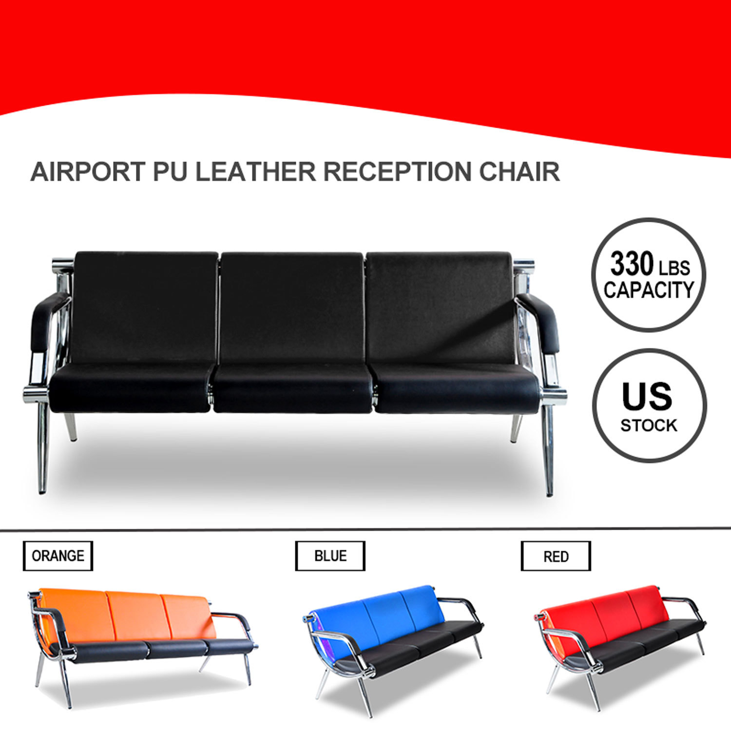 3-Seat Waiting Chair Office Airport Salon Bench PU Leather Guest Reception Sofa