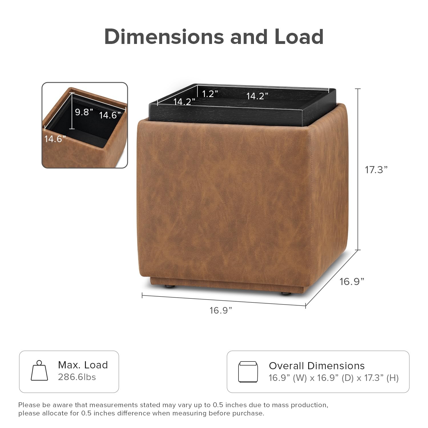 Levi Storage Ottoman with Reversible Tray, Modern Square Chest Coffee Table, ...