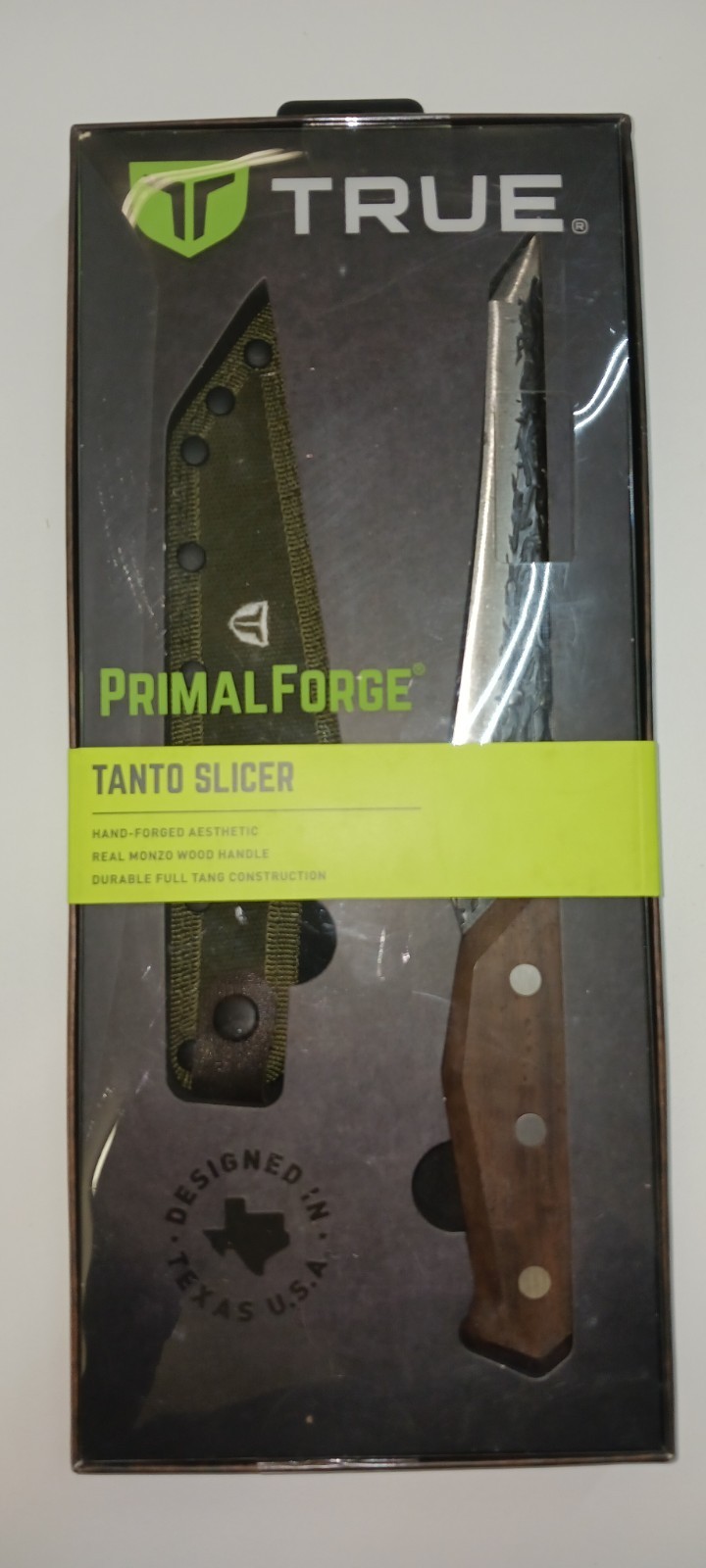 PRIMAL FORGE TANTO SLICER 7.25 in KNIFE with MONZO WOOD HANDLES and SHEATH