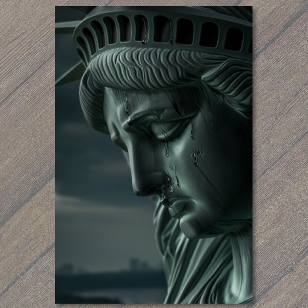 FLATCARD Statue of Liberty Weeps Cry Sorrow City Background New York Sad For USA