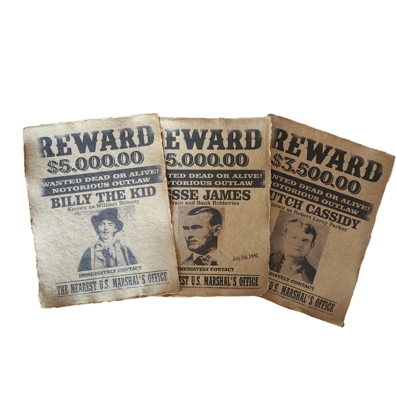 Jesse James, Billy the Kid, Butch Cassidy aged printed Wanted Posters