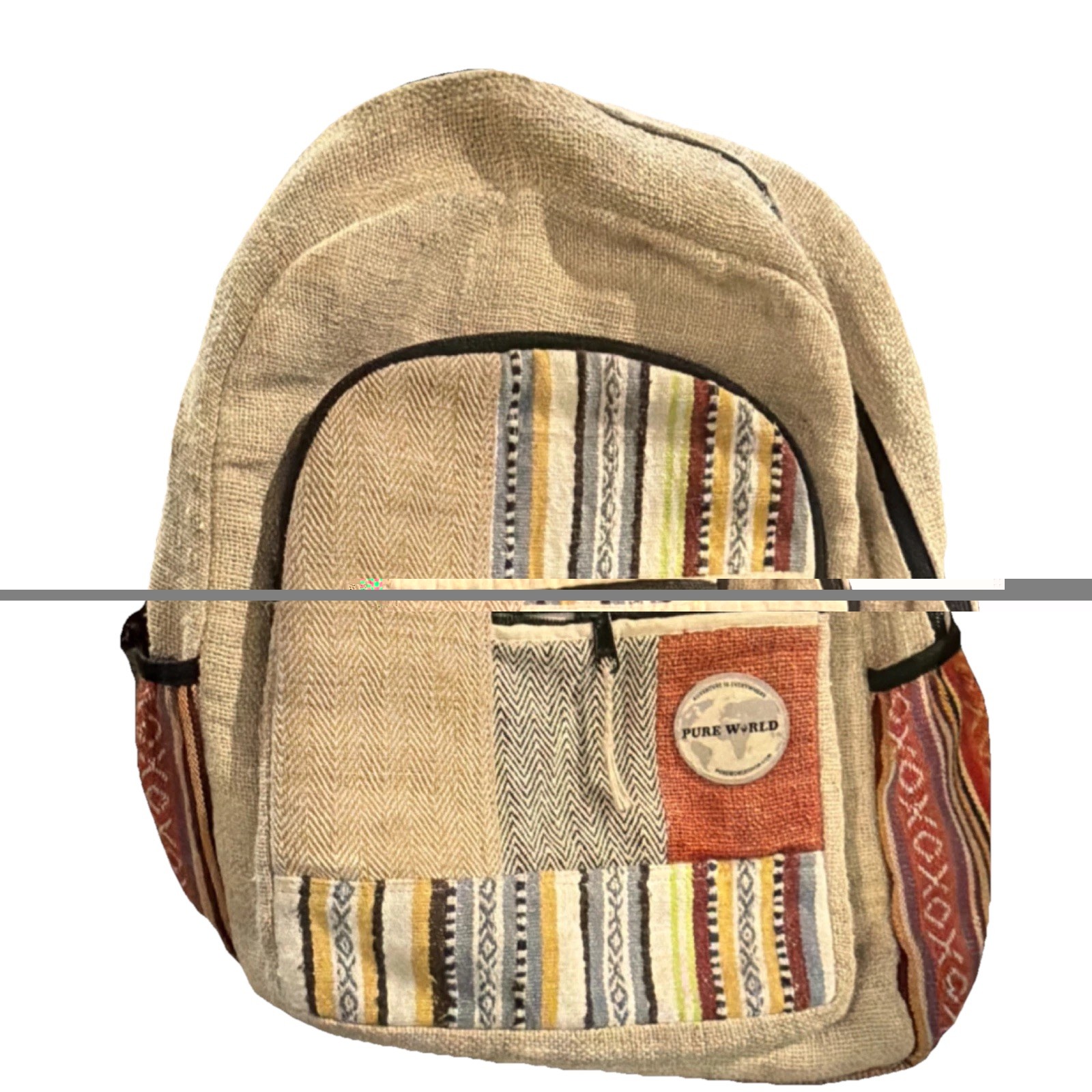 Pure World Patchwork Fabric Hiking Backpack Multicolor Zip External Pockets